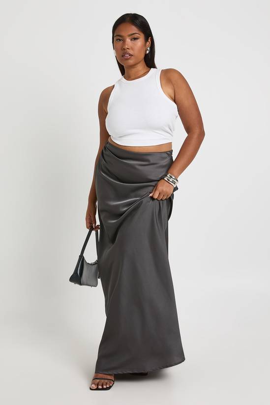 Plus Satin Ruched Side Detail Column Maxi Skirt