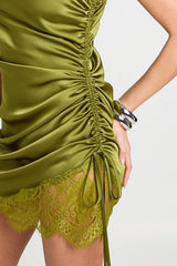 Lace Ruched Side Satin Slip Dress