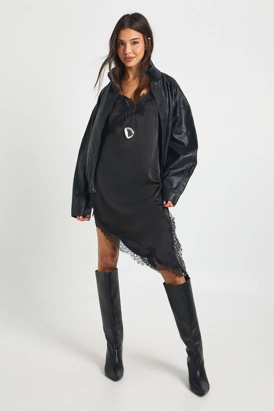 Lace Asymmetric Satin Slip Dress