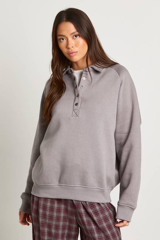Collared Popper Oversized Washed Sweatshirt