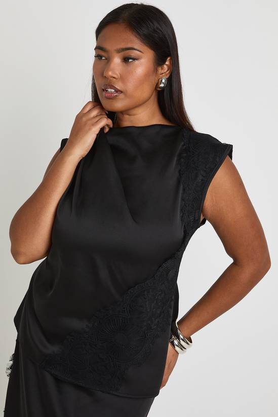 Plus Satin Lace Trim Asymmetric Top