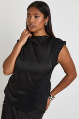 Plus Satin Lace Trim Asymmetric Top