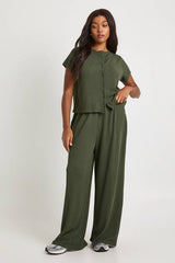 Plus Crinkle Rib Button Through Cap Sleeve Top and Trouser Set