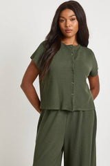 Plus Crinkle Rib Button Through Cap Sleeve Top and Trouser Set