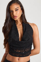 Sequin Lace Cowl Neck Top