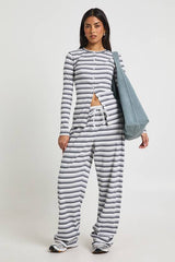 Stripe Rib Button Through Long Sleeve Top & Trouser Co Ord