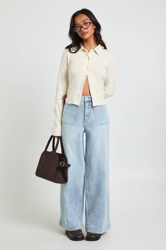 Petite High Waist Front Pocket Wide Leg Jean