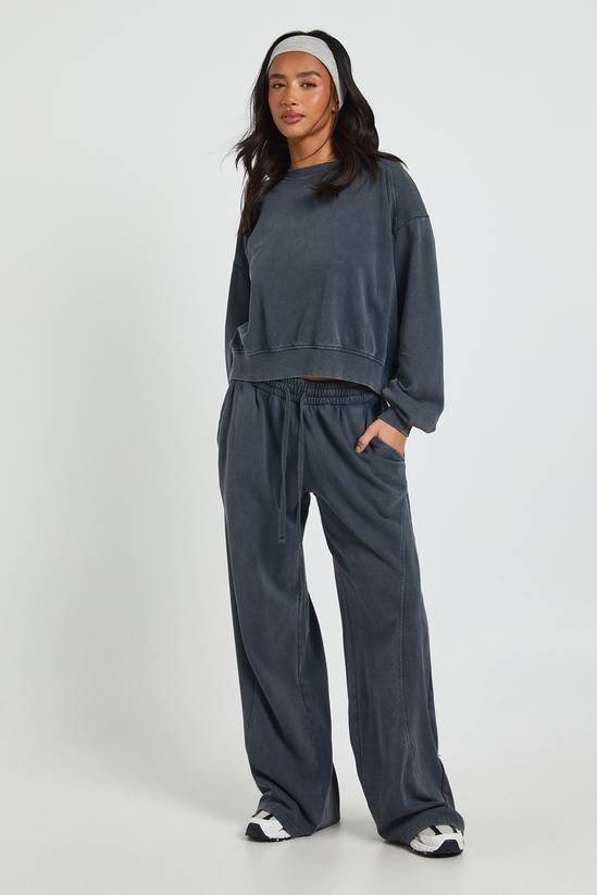 Petite Washed Ribbed Detail Straight Leg Tracksuit
