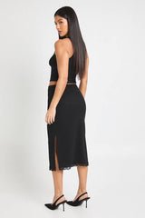 Ribbed Lace Hem Midi Skirt