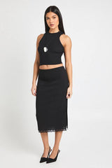 Ribbed Lace Hem Midi Skirt