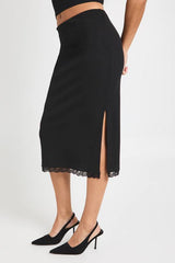 Ribbed Lace Hem Midi Skirt