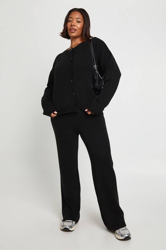 Plus Crew Neck Knitted Boxy Cardigan and Wide Leg Trouser Co-Ord