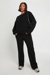 Plus Crew Neck Knitted Boxy Cardigan and Wide Leg Trouser Co-Ord