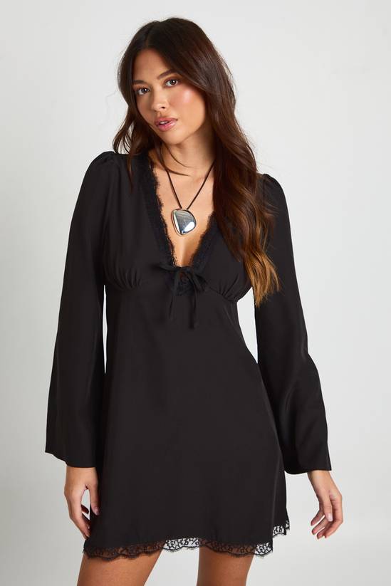 Flared Sleeve Lace Trim Mini Dress