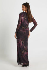 Printed Floral Mesh Asymmetric Tie Waist Maxi Dress