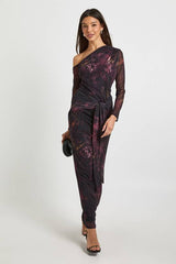 Printed Floral Mesh Asymmetric Tie Waist Maxi Dress