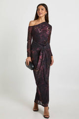 Printed Floral Mesh Asymmetric Tie Waist Maxi Dress