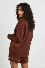 Satin Piping Detail Long Sleeve Shirt & Shorts Pyjama Set