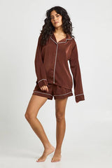 Satin Piping Detail Long Sleeve Shirt & Shorts Pyjama Set