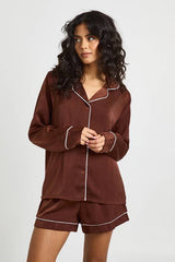 Satin Piping Detail Long Sleeve Shirt & Shorts Pyjama Set