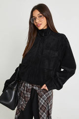 Funnel Neck Faux Suede Pocket Detail Jacket