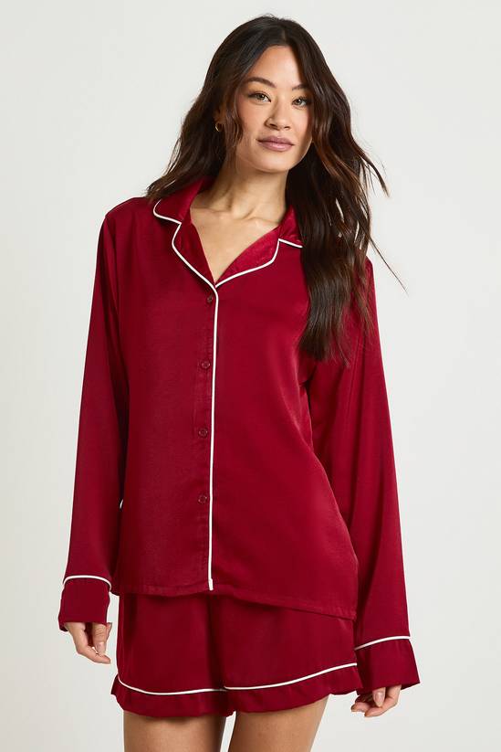 Tall Satin Piping Detail Long Sleeve Shirt & Shorts Pyjama Set
