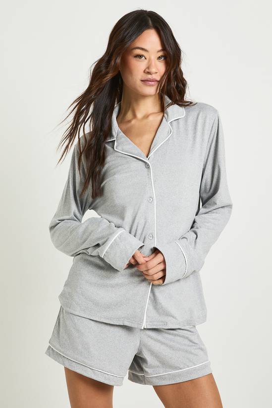 Tall Jersey Piping Detail Long Sleeve Shirt & Shorts Pyjama Set