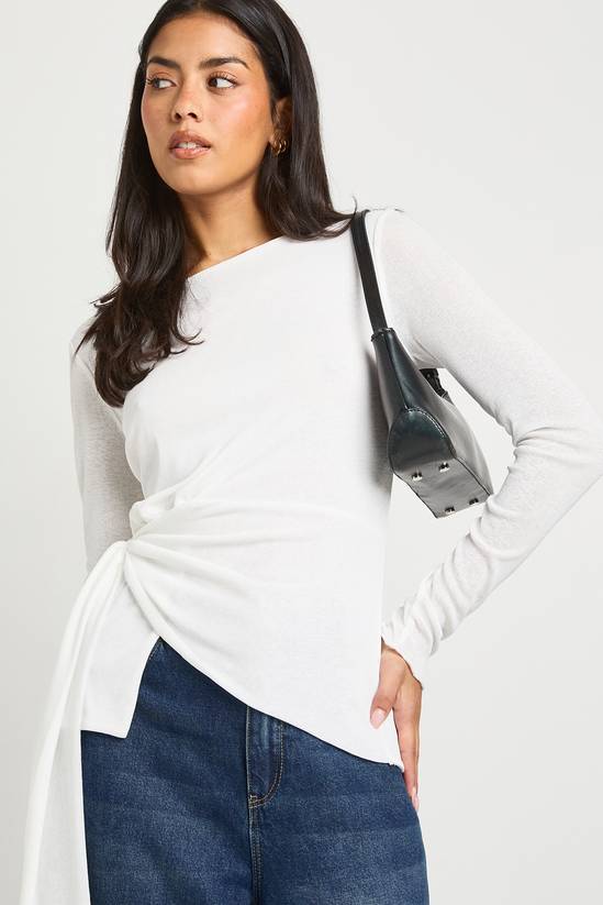 Double Layered Textured Mesh Drape Front Long Sleeve Top