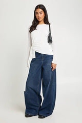 Double Layered Textured Mesh Drape Front Long Sleeve Top