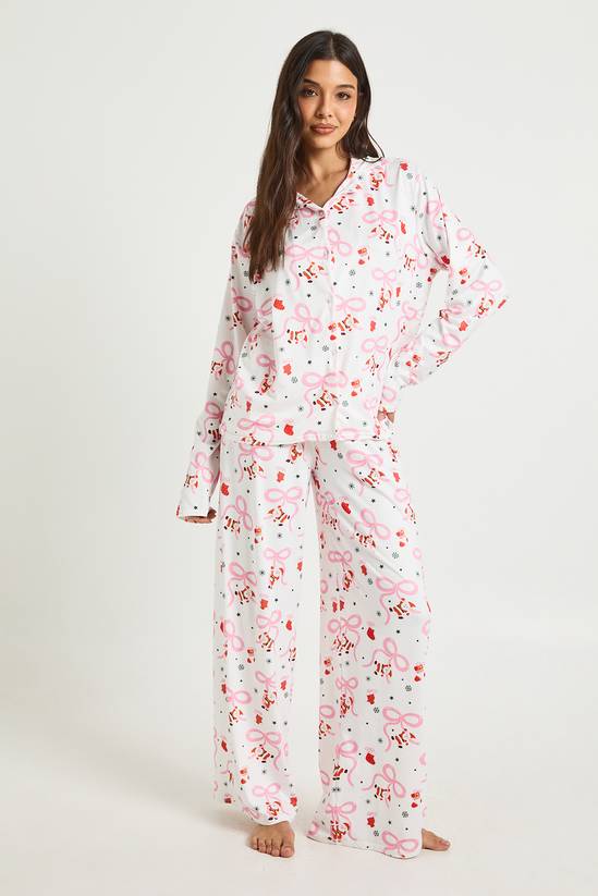 Santa Bow Print Long Sleeve Top & Trousers Pyjama Set