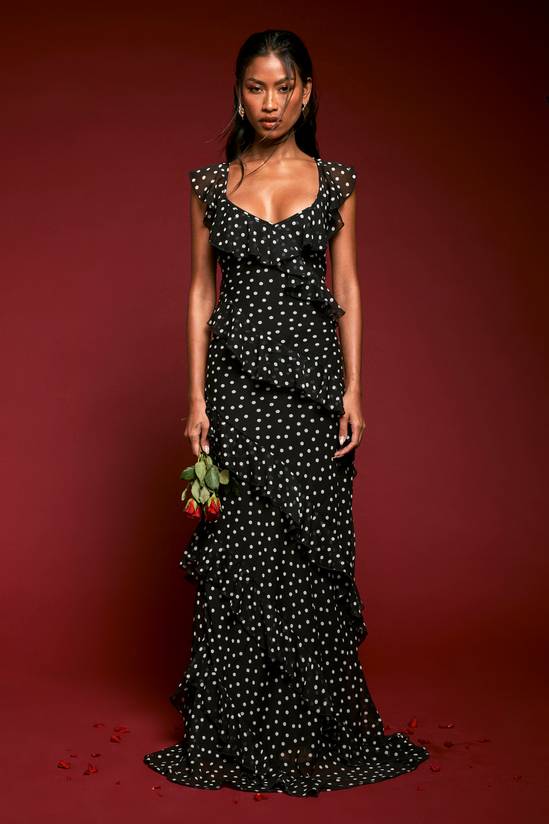 Chiffon Ruffle Polka Dot Strappy Maxi Dress