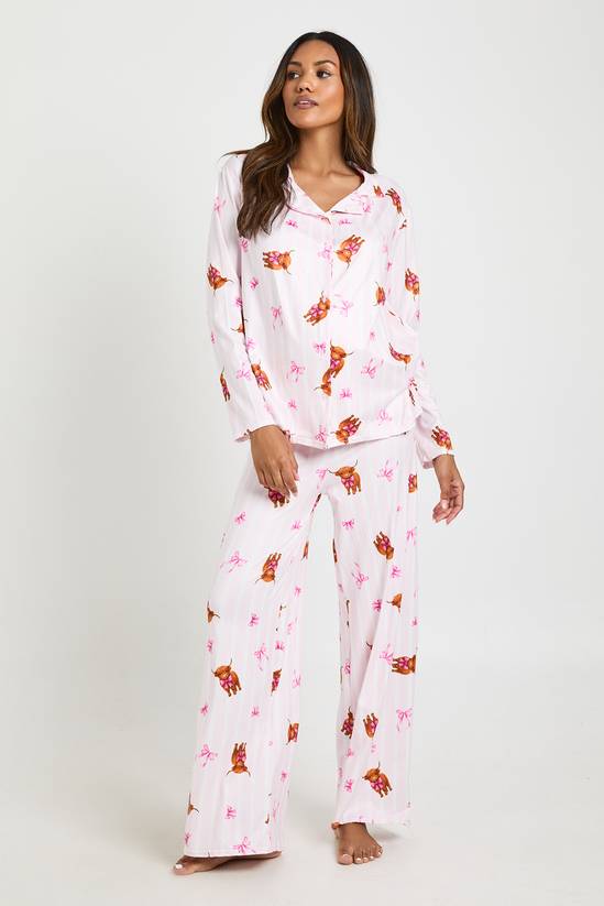 Maternity Highland Cow Print Long Sleeve Shirt And Trousers Pyjama Set