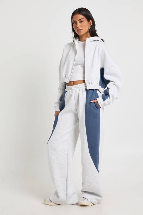 Contrast Panel Zip Through Hoodie Wide Leg Jogger Tracksuit