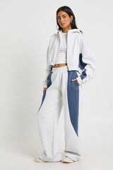 Contrast Panel Zip Through Hoodie Wide Leg Jogger Tracksuit