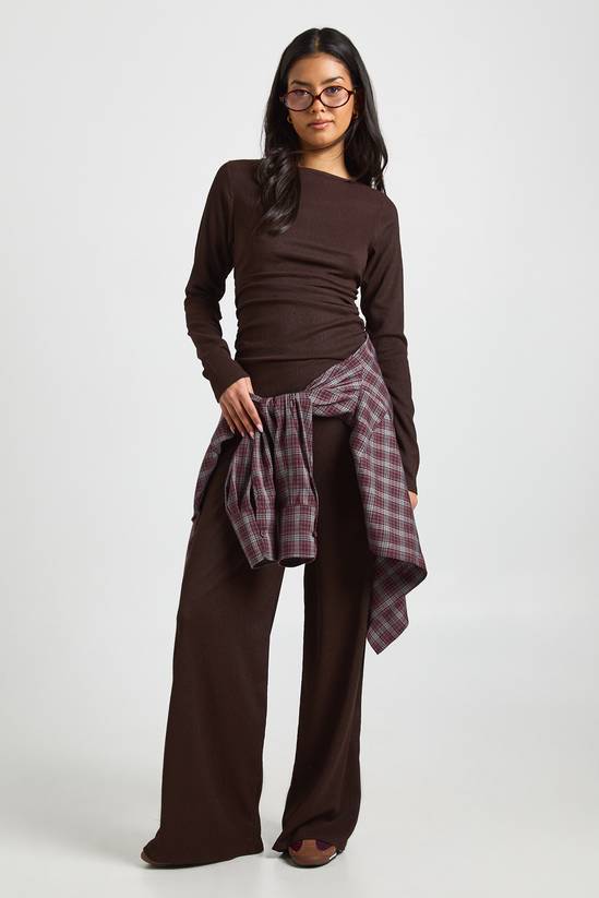 Crinkle Textured Ruched Side Long Sleeve Trouser Co- Ord