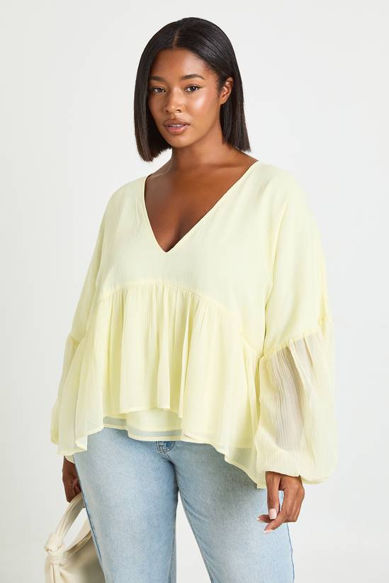 Plus Chiffon Ruffle Plunge Blouse