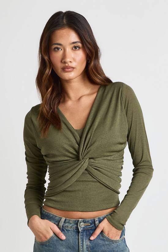 Sheer Textured Twist Front Long Sleeve Top