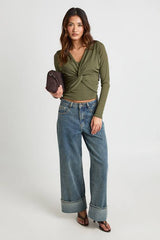 Sheer Textured Twist Front Long Sleeve Top