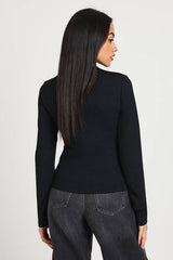 Rib Long Sleeve Wrap Front Trim Top