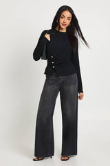 Rib Long Sleeve Wrap Front Trim Top