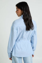 Stripe Cinched Waist Funnel Neck Shirt
