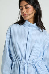 Stripe Cinched Waist Funnel Neck Shirt