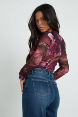 Floral Printed Mesh Ruched Neckline Long Sleeve Bodysuit