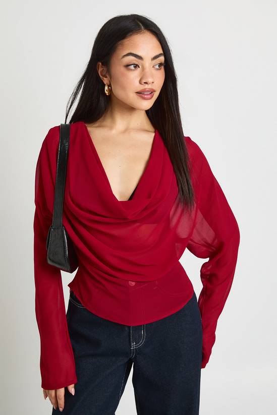 Chiffon Cowl Neck Long Sleeve Blouse
