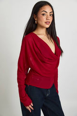 Chiffon Cowl Neck Long Sleeve Blouse