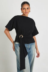 Plus Crepe Grown On Neck Gold Trim Belt Detail Short Sleeve Top