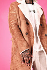 Borg Lined Double Breasted Overcoat in Tan