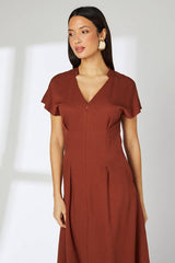 Brown Seam Detail Viscose Midi Dress