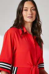 Red Rib Detail Tie Waist Shirt Dress