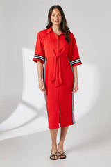 Red Rib Detail Tie Waist Shirt Dress